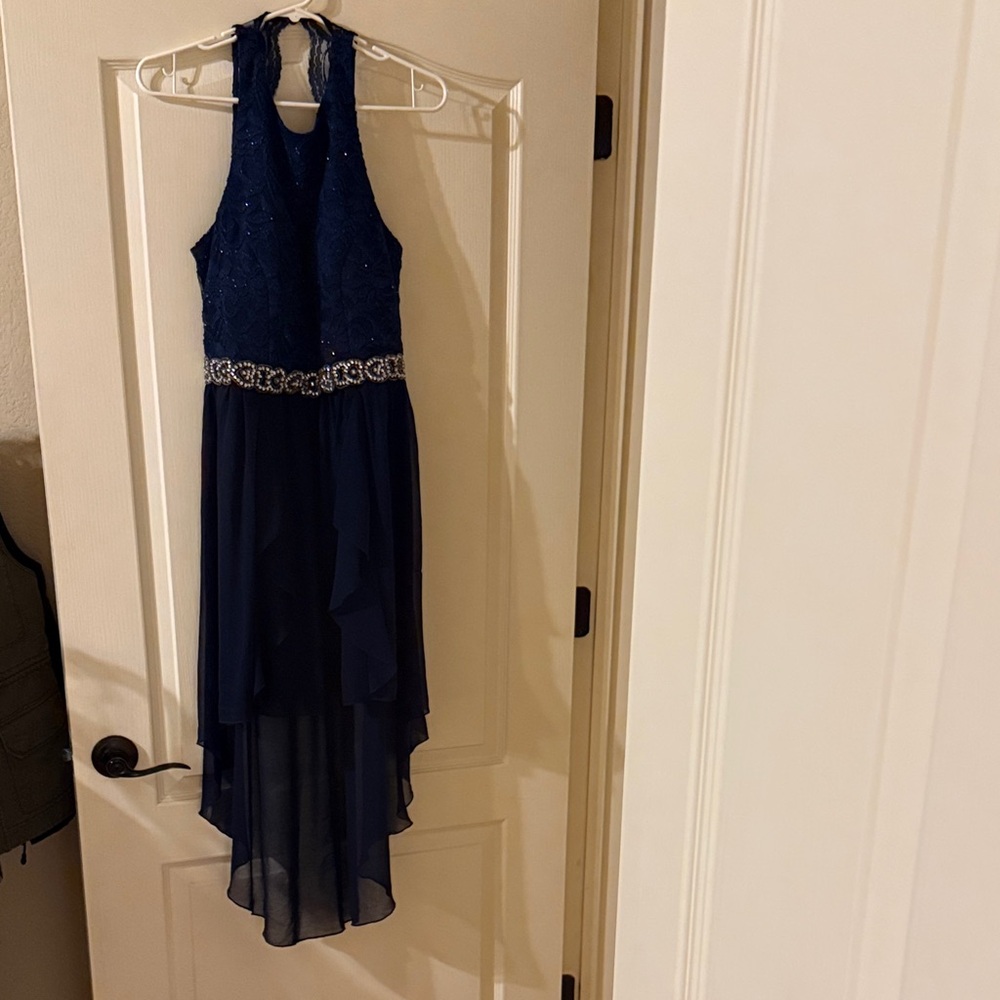 City Studio Navy Lace & Chiffon Cocktail Dress with Sparkle
